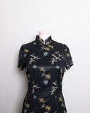 Black floral mandarin short sleeve collar mini dress