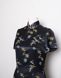 Black floral mandarin short sleeve collar mini dress