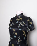 Black floral mandarin short sleeve collar mini dress