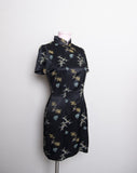 Black floral mandarin short sleeve collar mini dress