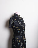 Black floral mandarin short sleeve collar mini dress