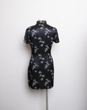 Black floral mandarin short sleeve collar mini dress