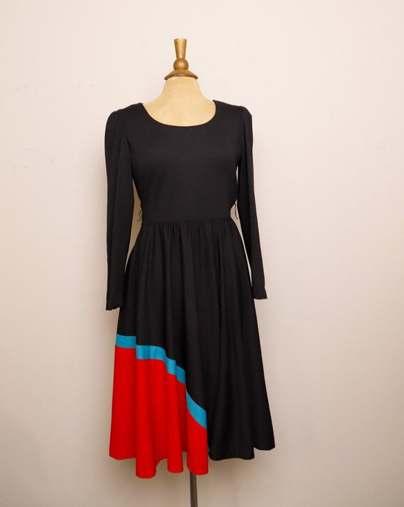 1970-1980's Black long puff sleeve dress with red & turquoise color bl Vida Antigua Collective 1970-1980's Black long puff sleeve dress with red & turquoise color bl Vida Antigua Collective