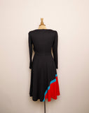 1970-1980's Black long puff sleeve dress with red & turquoise color block