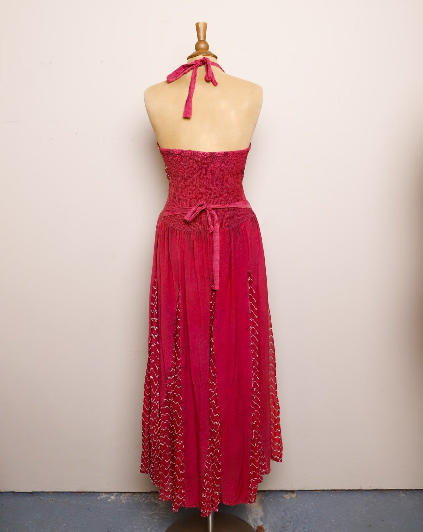 1990's Magenta Halter boho maxi dress with a sheer embroidered patchwo   Vida Antigua Collective