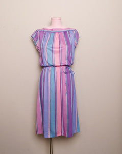 1970's Pastel Pink, Violet & Teal striped dress with boat neckline