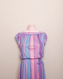 1970's Pastel Pink, Violet & Teal striped dress with boat neckline