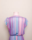 1970's Pastel Pink, Violet & Teal striped dress with boat neckline