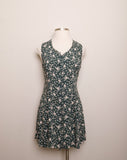 1990's Sleeveless Forest Green floral rayon mini dress with a laced up back corset and scallop cut out trim on neckline