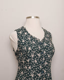 1990's Sleeveless Forest Green floral rayon mini dress with a laced up back corset and scallop cut out trim on neckline