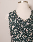 1990's Sleeveless Forest Green floral rayon mini dress with a laced up back corset and scallop cut out trim on neckline