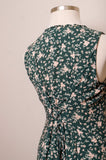 1990's Sleeveless Forest Green floral rayon mini dress with a laced up back corset and scallop cut out trim on neckline