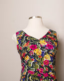 1990's Black sleeveless drop waist dress with yellow, navy and fuchsia florals