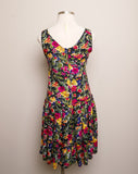 1990's Black sleeveless drop waist dress with yellow, navy and fuchsia florals