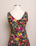 1990's Black sleeveless drop waist dress with yellow, navy and fuchsia florals