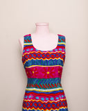 1990's Fuchsia multicolor abstract color block sheath sleeveless dress