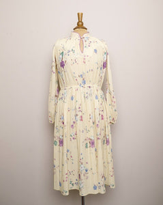 1970's Sheer Ivory accordion pleated long sleeve dress with purple & blue florals and mandarin collar key hole