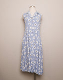 1990's Baby Blue daisy sleeveless rayon maxi button down dress with a light washed denim collar.