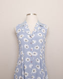 1990's Baby Blue daisy sleeveless rayon maxi button down dress with a light washed denim collar.