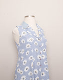 1990's Baby Blue daisy sleeveless rayon maxi button down dress with a light washed denim collar.