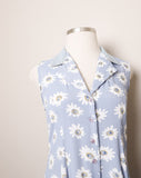 1990's Baby Blue daisy sleeveless rayon maxi button down dress with a light washed denim collar.