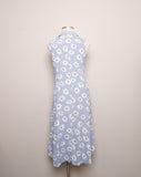 1990's Baby Blue daisy sleeveless rayon maxi button down dress with a light washed denim collar.