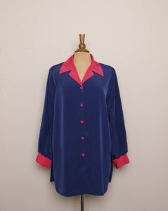 1990's Navy Blue and Fuchsia plus size long sleeve color block shirt