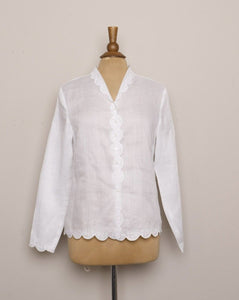 1990's White sheer long sleeve button up blouse with floral embroidery