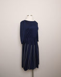 1970's Quarter sleeve Navy Blue Plus Size Dress with white pleats