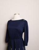 1970's Quarter sleeve Navy Blue Plus Size Dress with white pleats