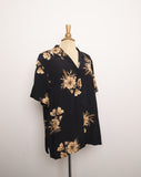 1990's Black rayon button up with light brown florals