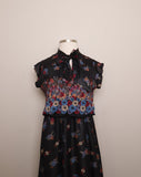 1970's Black floral dress with a pleated skirt & blouson top