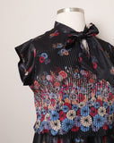 1970's Black floral dress with a pleated skirt & blouson top