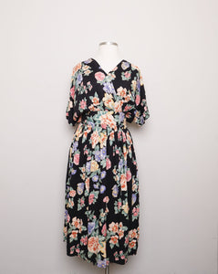 1990's Black Floral Plus size wrap dress