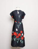 1980's Black Plus size dress with red and pink florals.