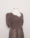1970's Brown puff sleeve dress with a daisy print, sweetheart bust, princess seem and basque waist