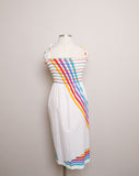 1970's White Rainbow tie strap Plus size dress with smocking top