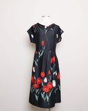 1980's Black Plus size dress with red and pink florals.