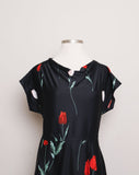 1980's Black Plus size dress with red and pink florals.