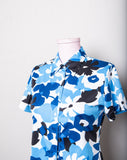 1990's-Y2K Turquoise, Navy and White floral short sleeve button down top