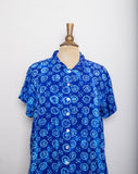 1990's Blue short sleeve button down shirt with abstract swirl sunflower print