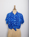 1990's Blue short sleeve button down shirt with abstract swirl sunflower print