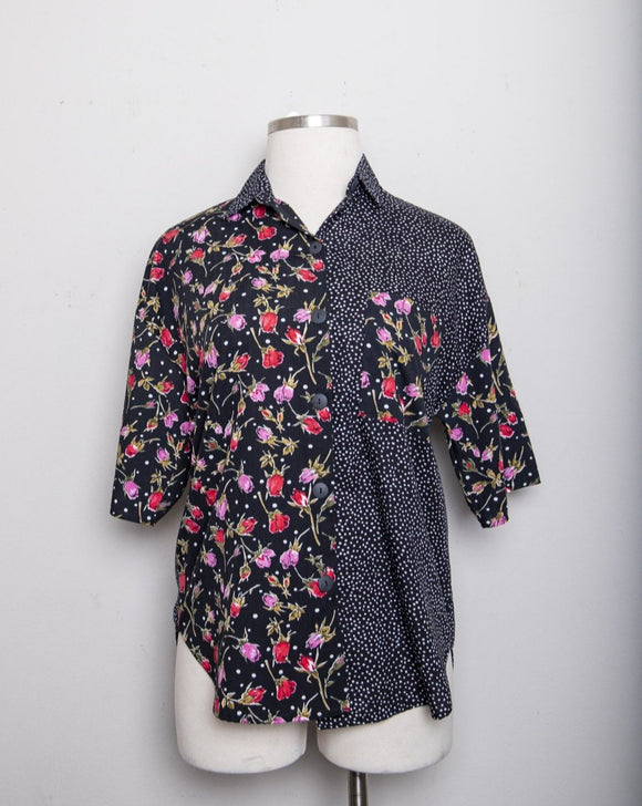 1990's Black Polka dot short sleeve button down shirt with a red and pink rose bud print