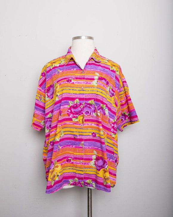 1990's Hot pink and orange rose bud printed plus size short sleeve shirt