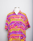 1990's Hot pink and orange rose bud printed plus size short sleeve shirt