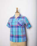 1980-90's Turquoise plaid short sleeve button down shirt