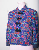 1970's Navy blue 3/4 sleeve cropped top with red & fuchsia florals and Frog closures