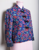 1970's Navy blue 3/4 sleeve cropped top with red & fuchsia florals and Frog closures