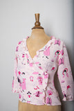 AMAZING 1990's-Y2K Pink 3/4 ruffled sleeve silk top with a French fashion girls novelty print