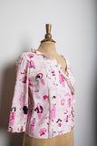 AMAZING 1990's-Y2K Pink 3/4 ruffled sleeve silk top with a French fashion girls novelty print